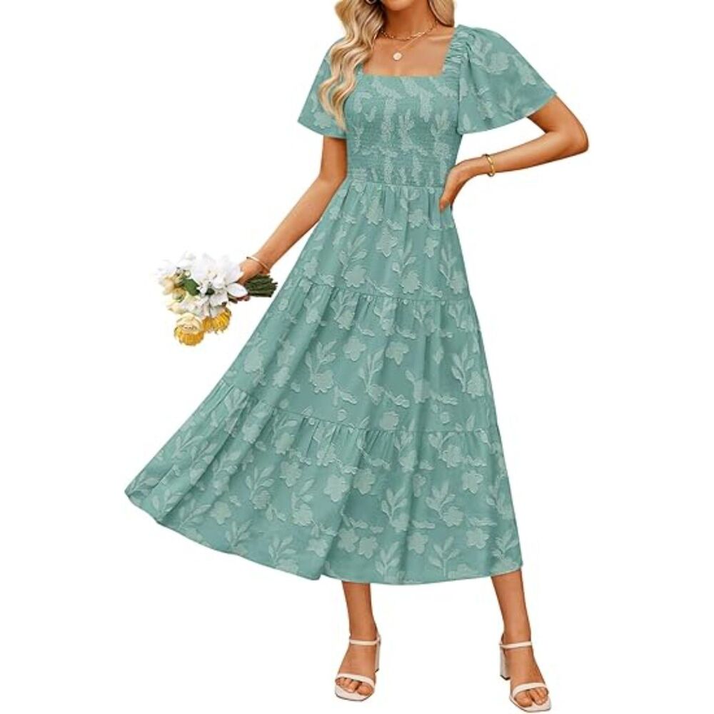Women's Teal Polyester Square Neck A Line Short Sleeve Casual Classic Midi Dress